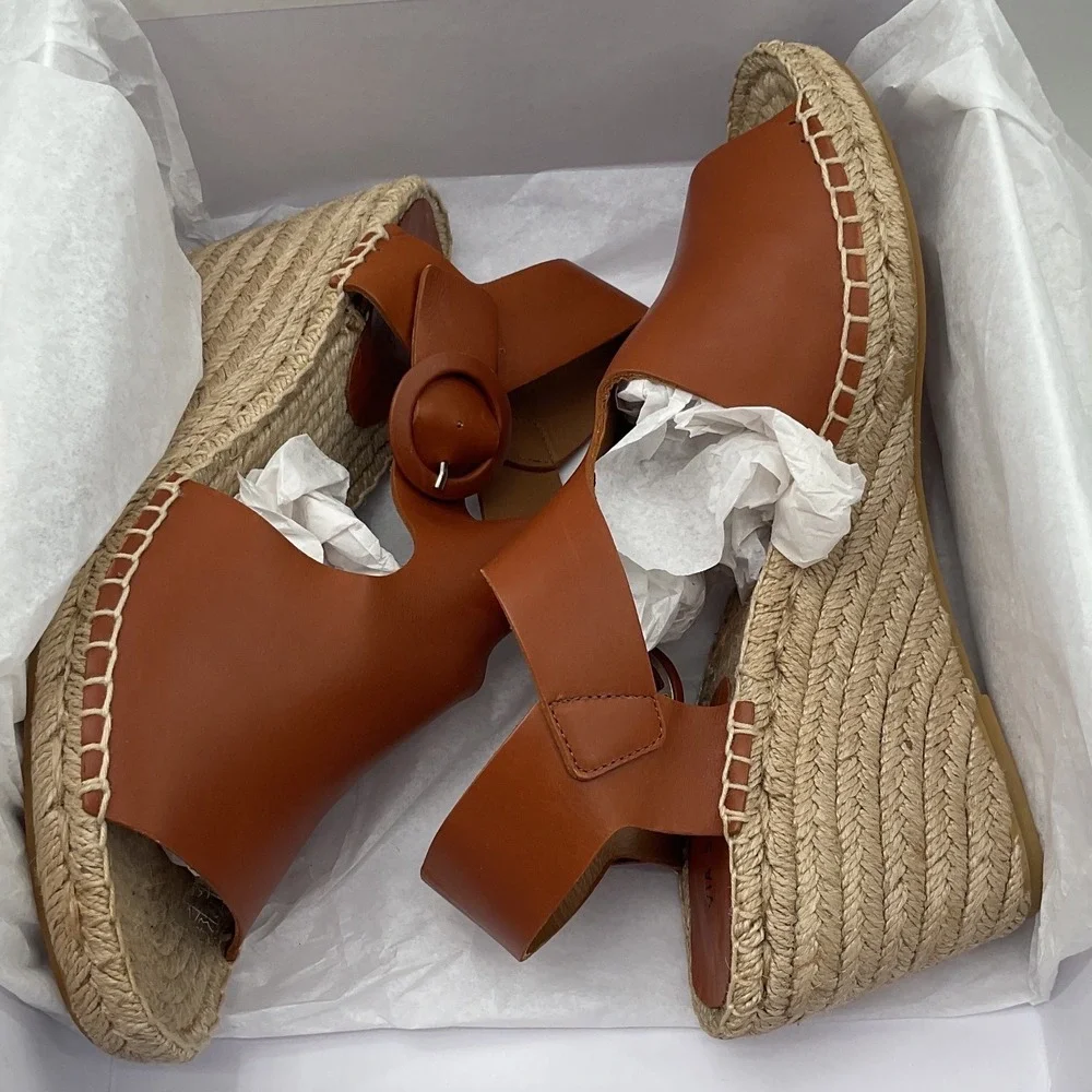Via‎ Spiga Tan Brown Leather Espadrille Wedge Sandals Platform Buckle Open Toe